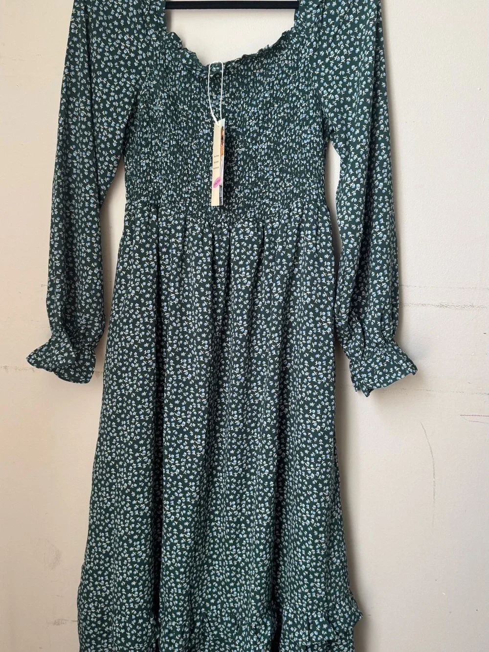 Smocked Long Sleeve Floral Midi Dress in Forest Green - Picture 2 of 5